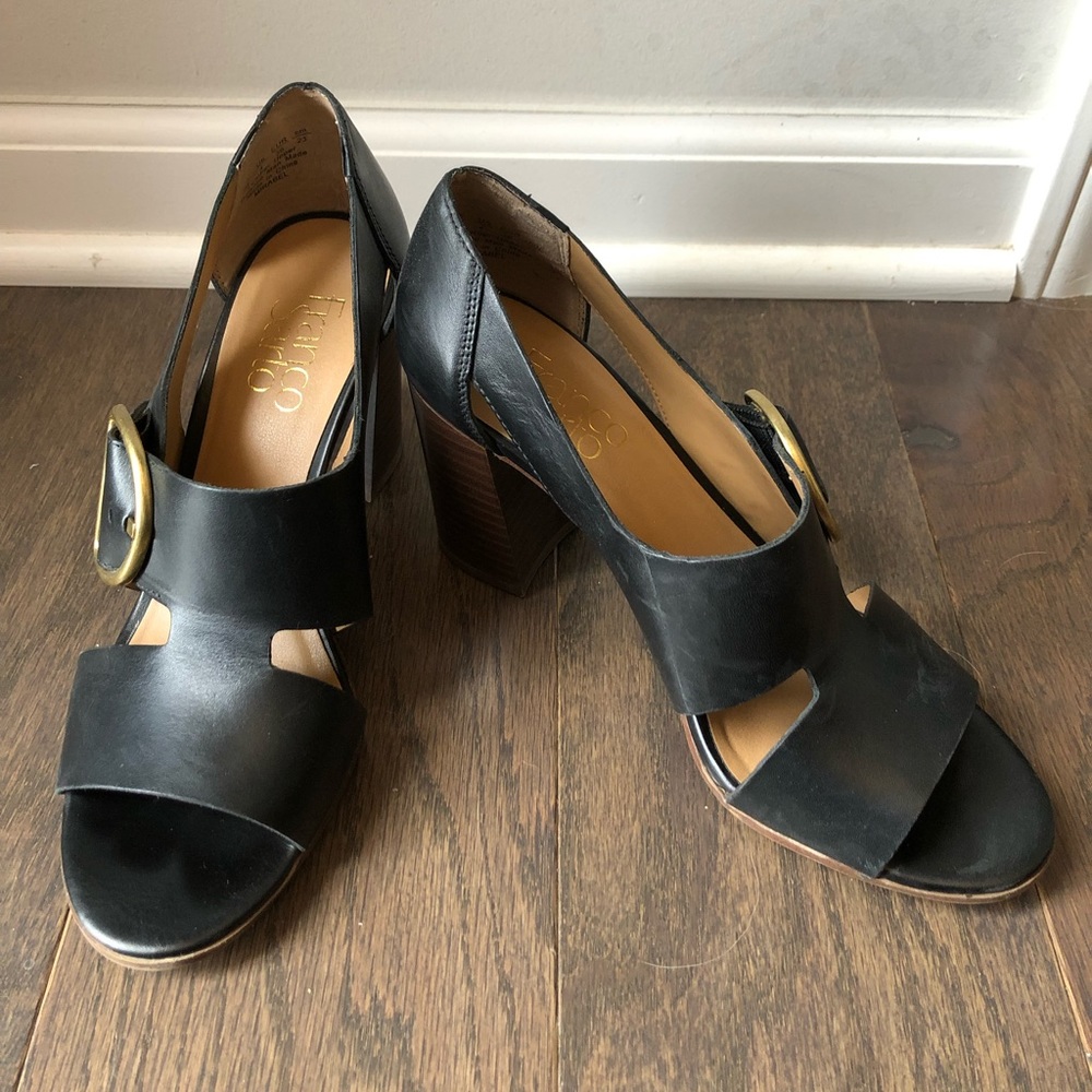 Franco Sarto Leather Heeled Sandals - Black with gold buckle